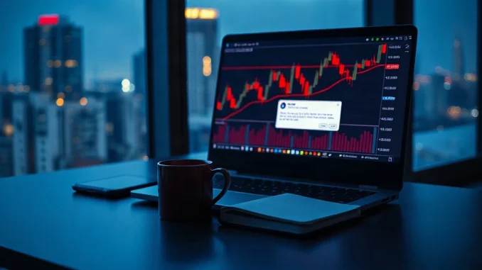 Trading desk at night with a laptop showing a red cryptocurrency price chart and a transfer alert