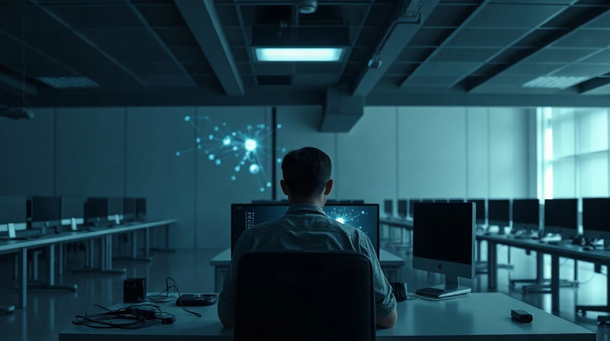 Empty crypto office at night with a developer watching a fading network interface on screen