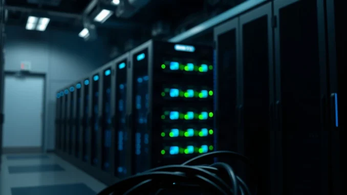Server rack with blue indicator lights in a dim data center, representing decentralized cloud compute