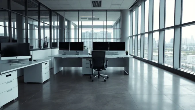 Empty modern bank office lobby with unoccupied desks and dark monitors in overcast daylight