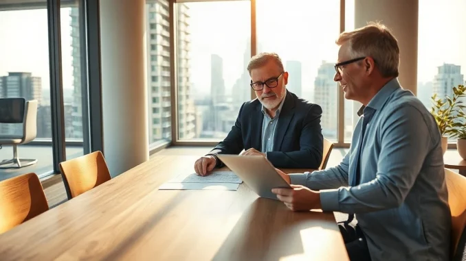 Homebuyer reviewing a mortgage contract with a loan officer in a Toronto office