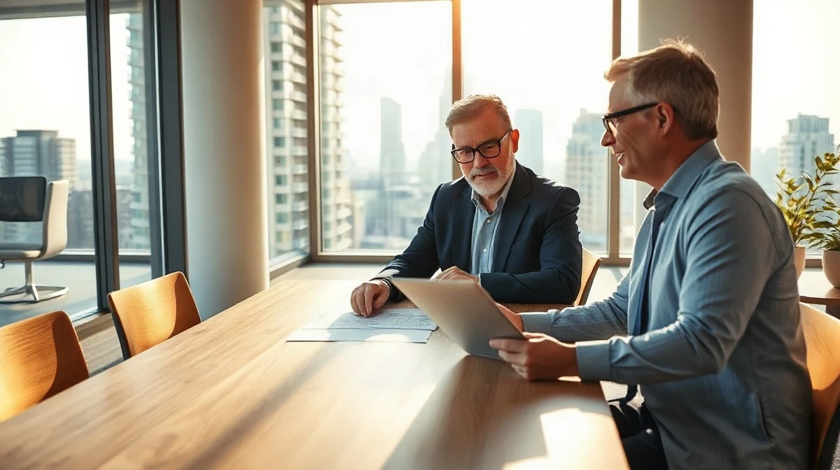 Homebuyer reviewing a mortgage contract with a loan officer in a Toronto office