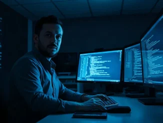 Security researcher at a workstation with code and hash strings on monitors, hardware wallet on desk