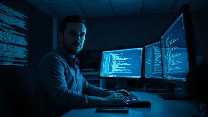 Security researcher at a workstation with code and hash strings on monitors, hardware wallet on desk