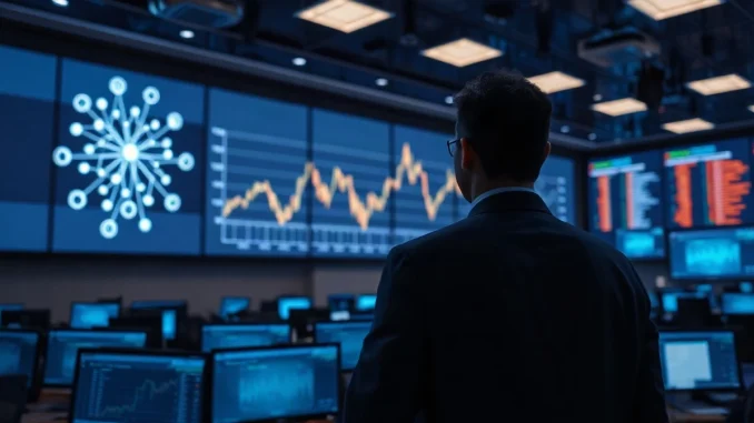 Institutional fund managers reviewing network and fund data on a trading floor display