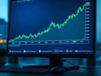 Trading monitor showing an ascending candlestick chart for an altcoin, lit by blue screen light