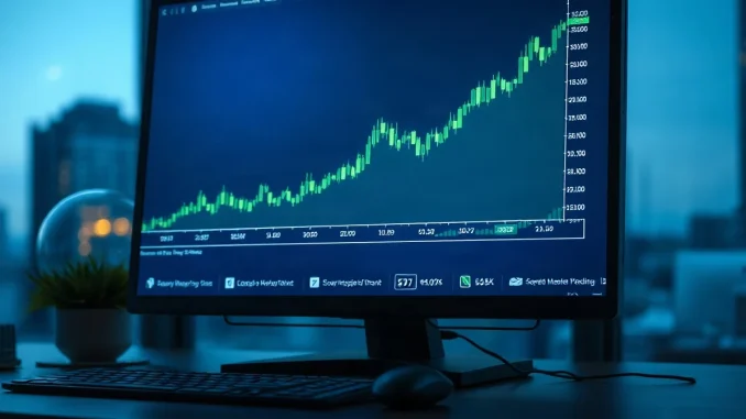 Trading monitor showing an ascending candlestick chart for an altcoin, lit by blue screen light