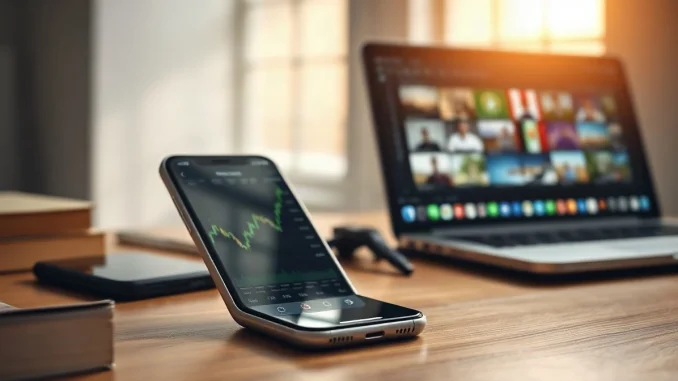 Phone showing a rising trading chart beside a laptop with event market tiles