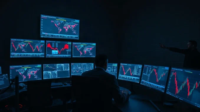Analysts monitoring transaction graphs in a dark exchange security operations room