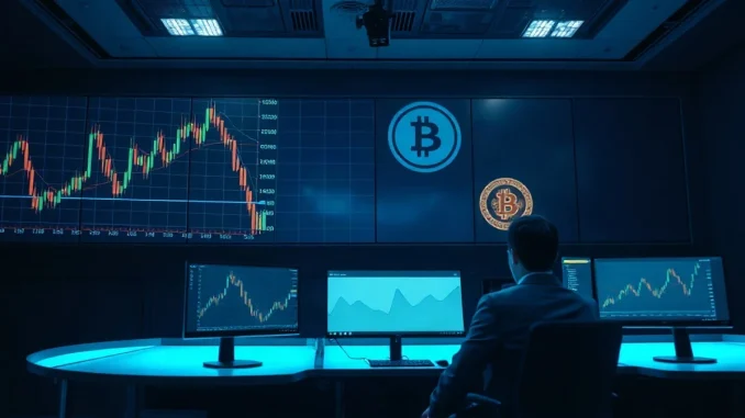 Analyst monitoring crypto charts on a trading floor at night