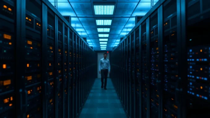 Dimly lit cryptocurrency exchange data centre with rows of server racks and indicator lights