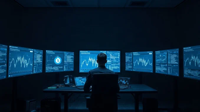 Security analyst at monitors in a darkened crypto exchange operations room