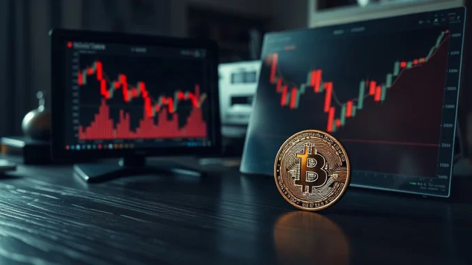 Physical bitcoin token beside a monitor showing a falling red Bitcoin price chart