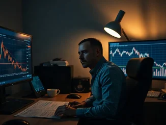 Analyst watches bitcoin and US inflation charts on monitors at a desk in a dim office