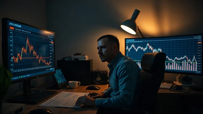 Analyst watches bitcoin and US inflation charts on monitors at a desk in a dim office