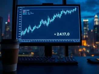 Trading monitor showing a crypto price chart in a dim office at night