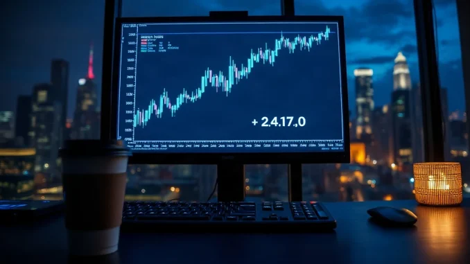 Trading monitor showing a crypto price chart in a dim office at night