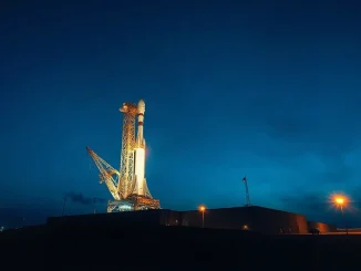 Rocket on a launch pad at dusk, representing SpaceX, whose Q3 earnings coincided with Bitcoin's rise.