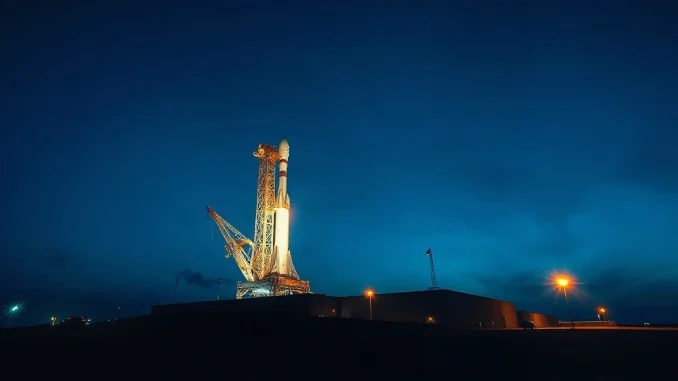 Rocket on a launch pad at dusk, representing SpaceX, whose Q3 earnings coincided with Bitcoin's rise.