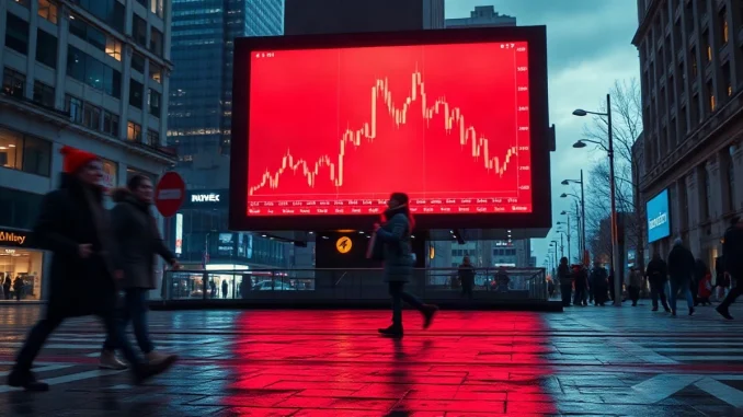 Falling price chart on a city billboard at dusk with pedestrians walking past