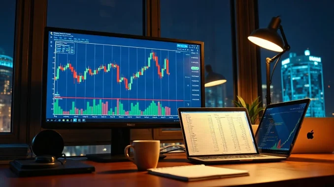 Trading desk with a Bitcoin candlestick chart on a monitor at dusk