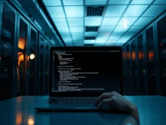 Server racks and a laptop in a dim data centre where Bitcoin node software is maintained and monitored