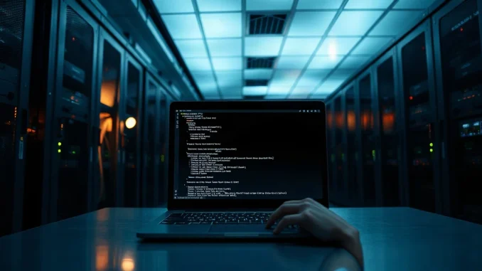Server racks and a laptop in a dim data centre where Bitcoin node software is maintained and monitored