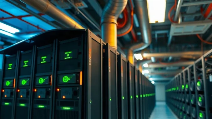 Rows of ASIC Bitcoin mining machines glowing in an industrial mining facility