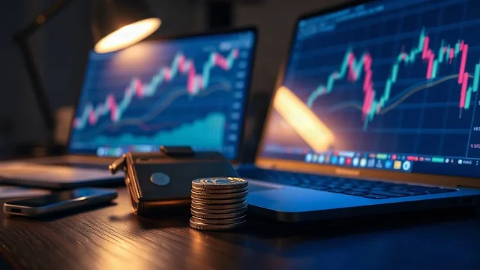 Hardware crypto wallet and coins beside a laptop showing charts on a desk