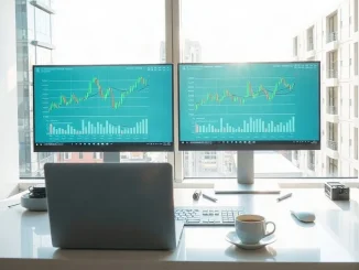 Trading desk with monitors showing green charts during a Bitcoin ETF inflow day