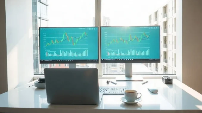 Trading desk with monitors showing green charts during a Bitcoin ETF inflow day
