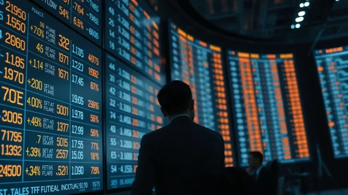 Electronic market ticker board showing anonymous fund flow figures in a dim trading room