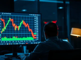 Analyst watching a Bitcoin price chart on a monitor in a dimly lit trading room at night