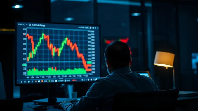 Analyst watching a Bitcoin price chart on a monitor in a dimly lit trading room at night