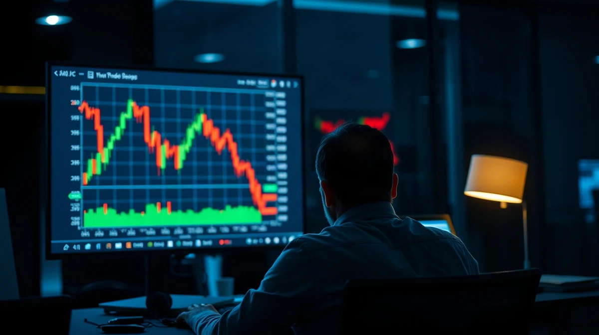 Analyst watching a Bitcoin price chart on a monitor in a dimly lit trading room at night