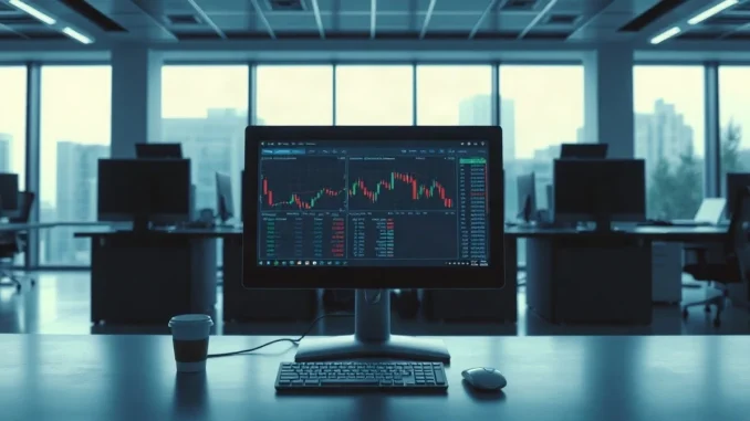 Desk on a trading floor with a monitor showing an abstract ETF fund flow dashboard before market open
