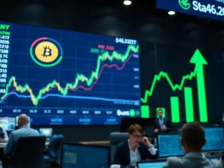 Digital trading board in a financial newsroom showing bitcoin price charts and ETF inflow data