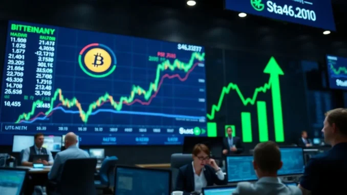 Digital trading board in a financial newsroom showing bitcoin price charts and ETF inflow data
