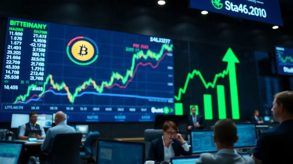 Digital trading board in a financial newsroom showing bitcoin price charts and ETF inflow data