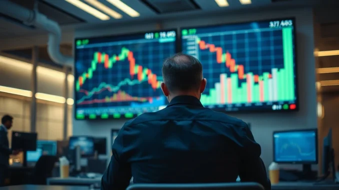 Trader at a desk watching a Bitcoin market chart on a large screen