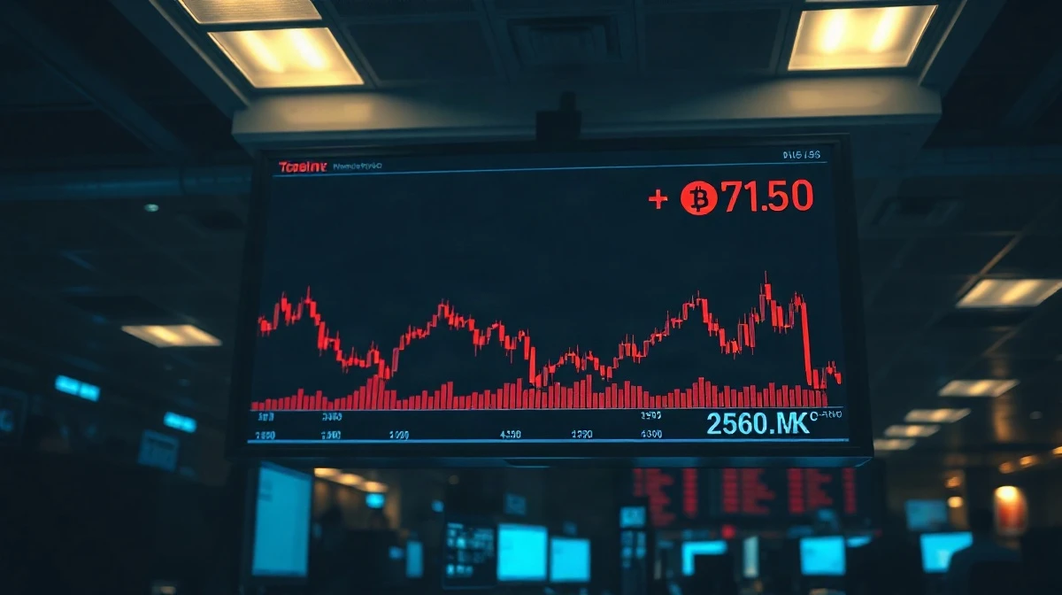 Trading floor monitor showing falling crypto price candles and red bar chart