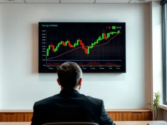 Digital market board showing Bitcoin price chart in a brokerage office with a trader at a desk in the foreground.