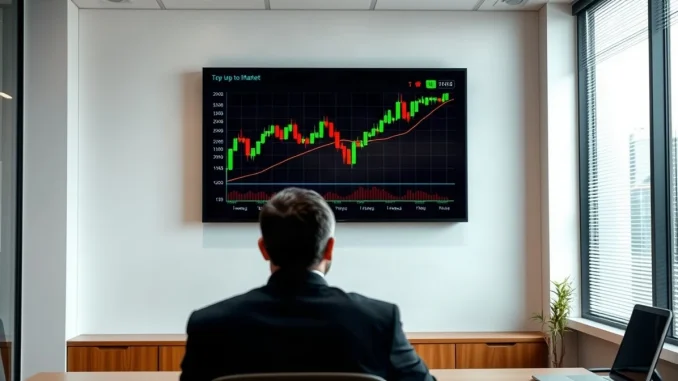 Digital market board showing Bitcoin price chart in a brokerage office with a trader at a desk in the foreground.