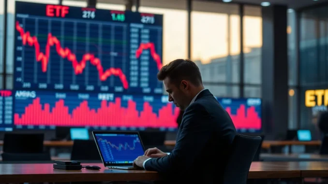Trader reviewing red ETF outflow data on a screen at a dimly lit trading desk