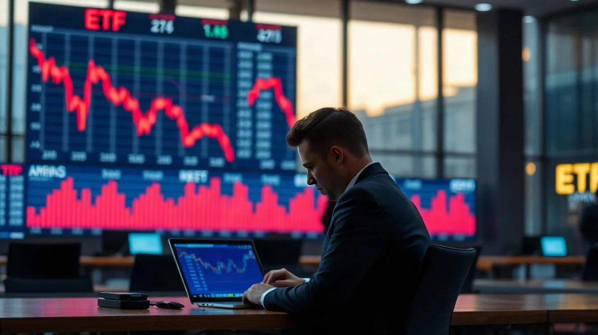 Trader reviewing red ETF outflow data on a screen at a dimly lit trading desk
