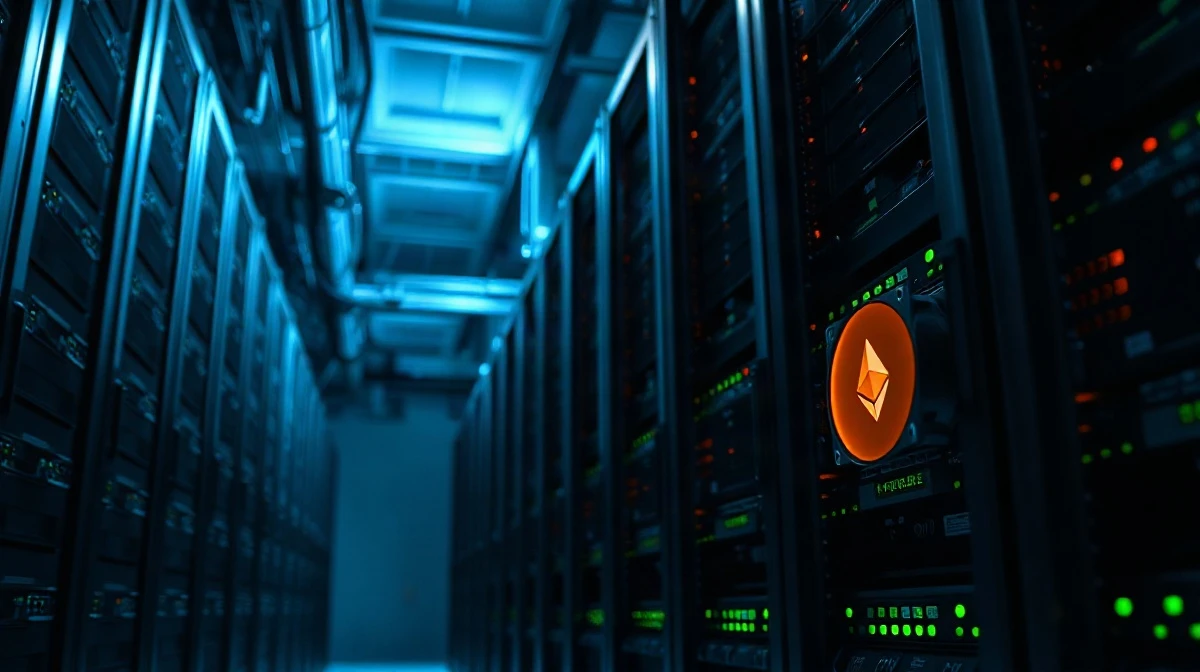 Dimly lit cryptocurrency exchange server racks with glowing indicator lights