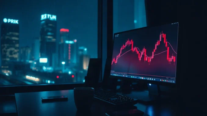 Trading desk with monitors showing a falling bitcoin price chart during a night session