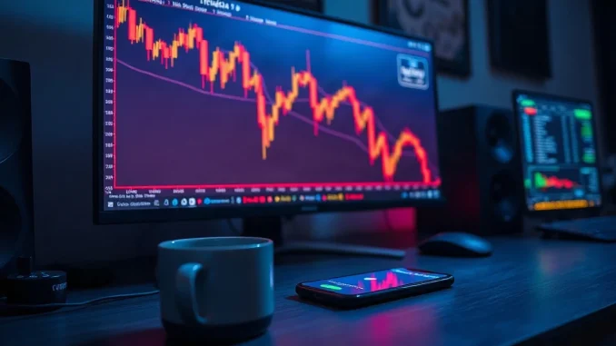 A trader's monitor showing a red candlestick chart as Bitcoin dips below $82,000