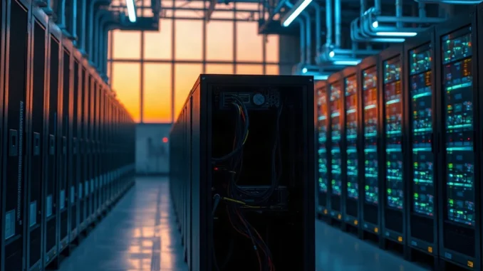 Rows of Bitcoin mining servers glowing inside a large industrial data center at dusk