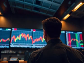 Trader watching a market board of red and green candles on a dim trading floor